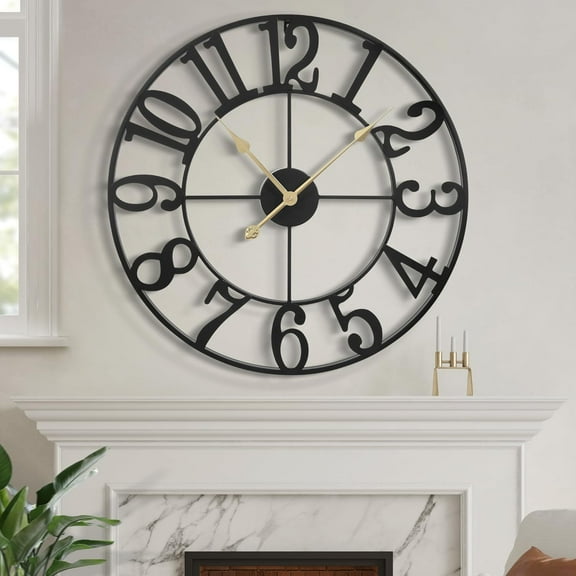Large Wall Clock, Silent Non-Ticking, Battery Operated 18-Inch Metal Clock, Oversized, Decorative Retro Clock for Farmhouse, Dinner and Living Room, Indoor, Outdoor(47cm, Black Arabic Number)