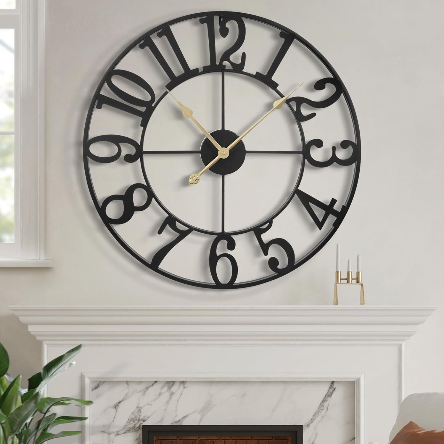 Large Wall Clock, Silent Non-Ticking, Battery Operated 18-Inch Metal Clock, Oversized, Decorative Retro Clock for Farmhouse, Dinner and Living Room, Indoor, Outdoor(47cm, Black Arabic Number)