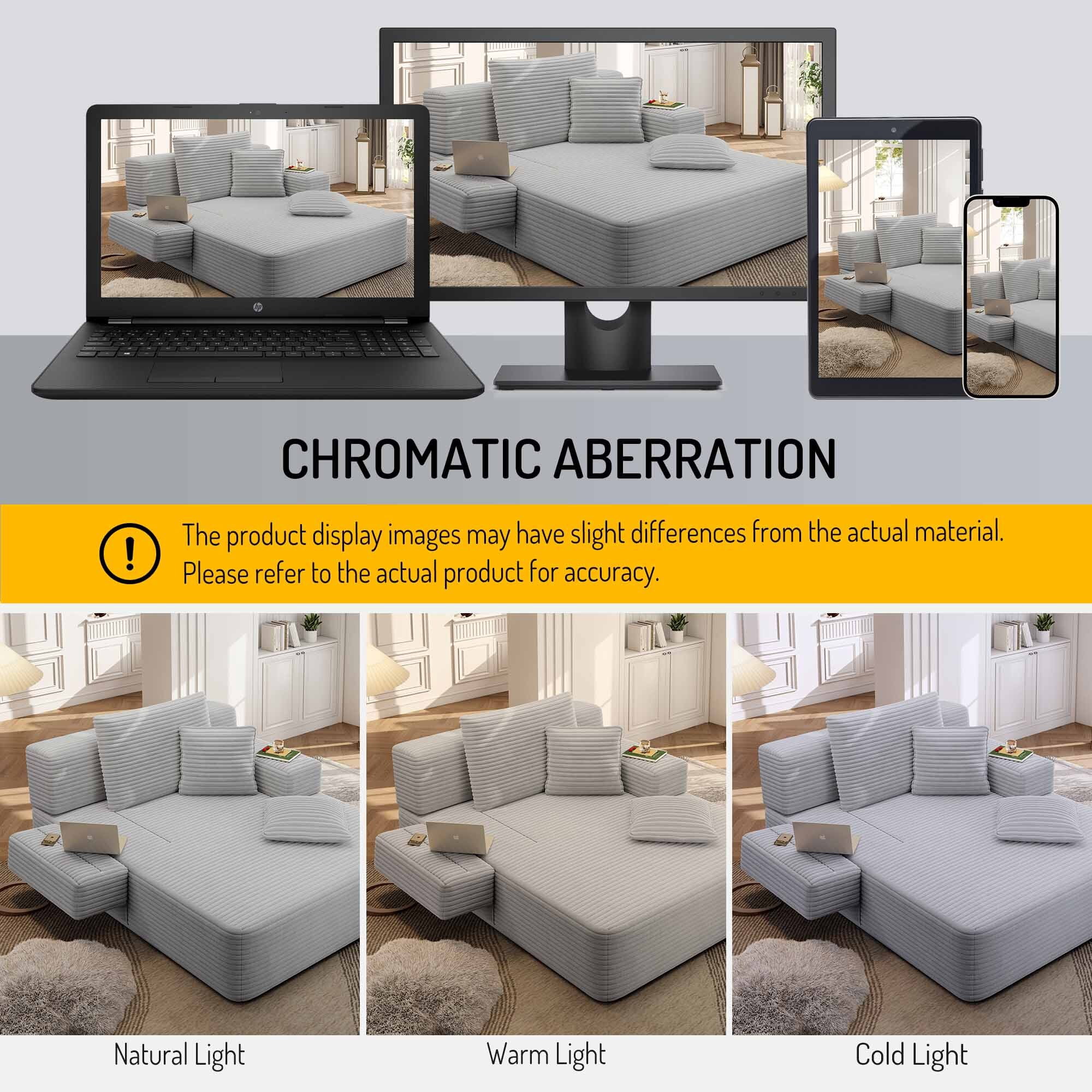 Lunale Boneless Chaise Lounge Chair Indoor, Oversized Convertible Sofa Bed, Cloud Corduroy Sofa Chair for Living Room, Light Gray
