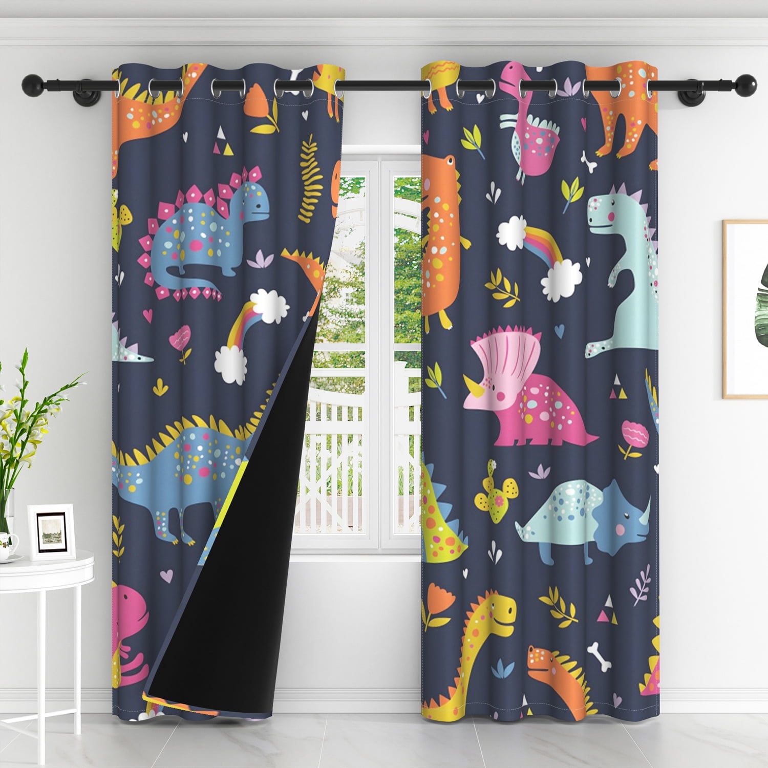 Lfeey Cute Dinosaur Cartoon Kids Room Blackout Curtains, Room Darkening Grommet Curtains, Black, 42x63 in, 2 Panels