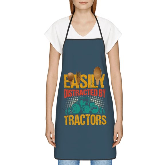 Easily Distracted By Tractors Apron, Inspirational Gifts for Men Women, Funny Apron, Chef Bib with Pockets, Waterproof Work Apron for BBQ Kitchen Crafting Gardening
