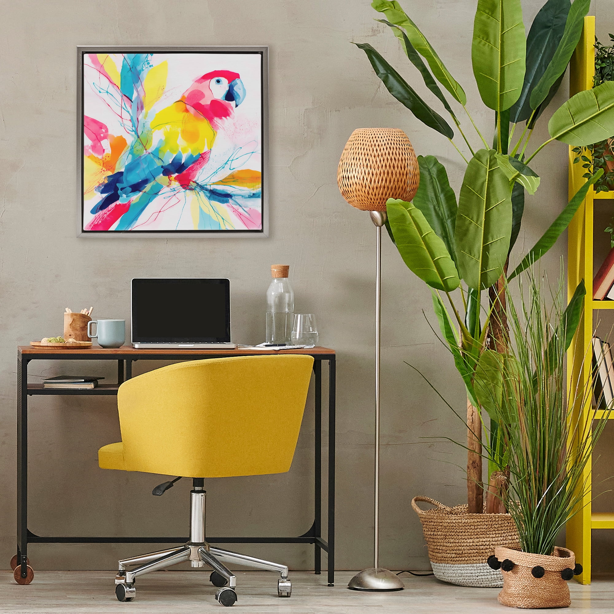 Stupell Industries Expressive Parrot in Bloom Gray Framed Floater Canvas Wall Art, design by Chromatic Storm Studio