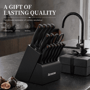 Astercook 15-Piece Kitchen Knife Set, Knives Block Set with Built-in Sharpener, Healthy Anti-Rust Coating & German Stainless Steel Knife Set, Dishwasher Safe Black