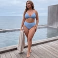 thumbnail image 3 of Agnes Orinda Women's Plus Size Bikini Set Ribbed Two Piece Bathing Swimsuits Halter Pearl Strap Triangle Top with High Waisted Shorts 3X Light Blue, 3 of 8