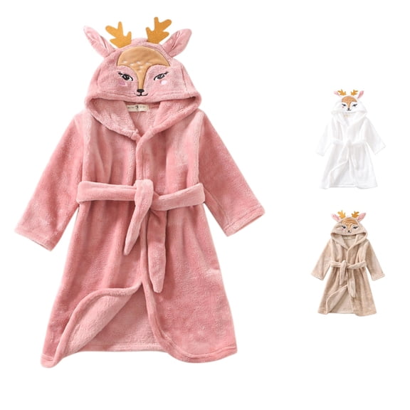REDARER Boys Girls Cute 3D Deer Hooded Bathrobe Self Tie Belt Ultra Soft Warm Flannel Cartoon Kids Sleep Bath Robe,1-2 Years