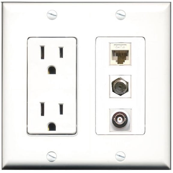 RiteAV - 15 Amp Power Outlet 1 Port Coax 1 Port BNC 1 Port Cat6 Ethernet Ethernet White Decorative Wall Plate