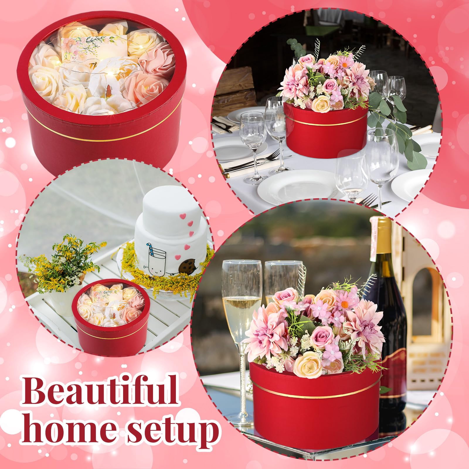 2 Round Gift Boxes With Lids Floral Foam Led Light Thank You Greeting Cards Flower Arrangements Supplies For Valentine Birthday Wedding Bridesmaid Proposal(red)