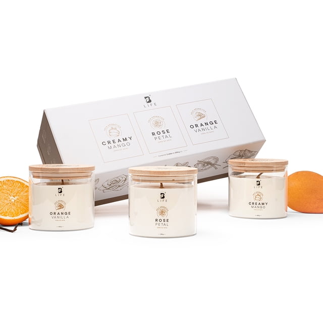 Kit 3 Velas De Soya | 250 g | Aromas: Mango, Pétalos de Rosa y Naranja | Duración 50 Hrs | Kit Summer Dreams | B Life.