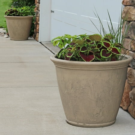 Large Ceramic Flower Pots (Sunnydaze Anjelica Flower Pot Planter, Outdoor/Indoor Unbreakable Double-Walled Polyresin with UV-Resistant Pebble Grey Finish, Set of 4, Large 24-Inch)