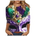 thumbnail image 3 of QATAINLAV Mardi Gras Printed Shirts for Women Fashion 3/4 Sleeve Crewneck Mask Graphic Tee Blouses Funny Parade Party Tunic Tops Purple XXXL, 3 of 6