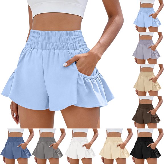 UDAUDU Athletic Shorts Women High Waisted Comfortable Ruffle Shorts Quick Dry with Pockets Summer Short for Running Gym Workout Sky Blue XL