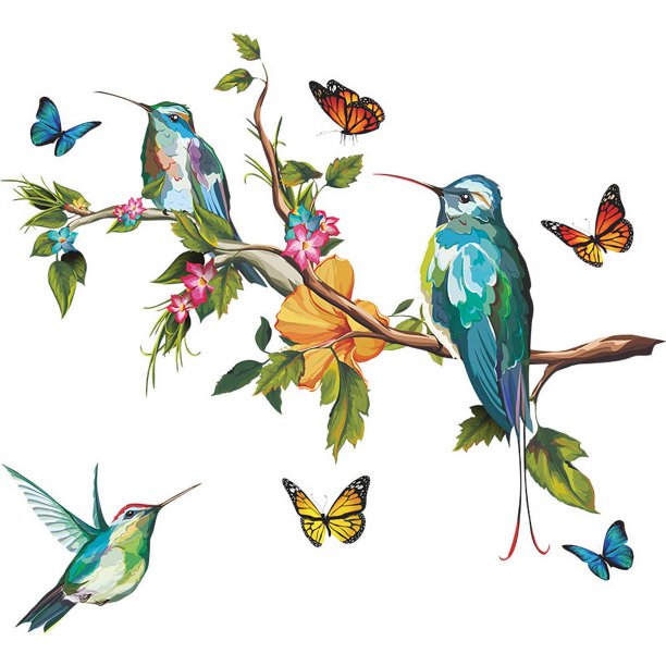 Bird on Tree Branch Wall Sticker, Removable Watercolor Flower