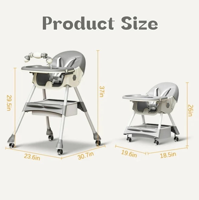 LHUAI, Foldable Baby High Chair, 4 in 1 Convertible High Chairs, With 5-Point Safety Harness, Adjustable Dining Tray & Backrest & Height, Easy To Clean Surface, For Babies And Toddlers, Grey