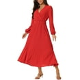 thumbnail image 4 of INSPIRE CHIC Women's Pleated Dress Puff Long Sleeve V Neck Belt Waist Dress S Red, 4 of 6