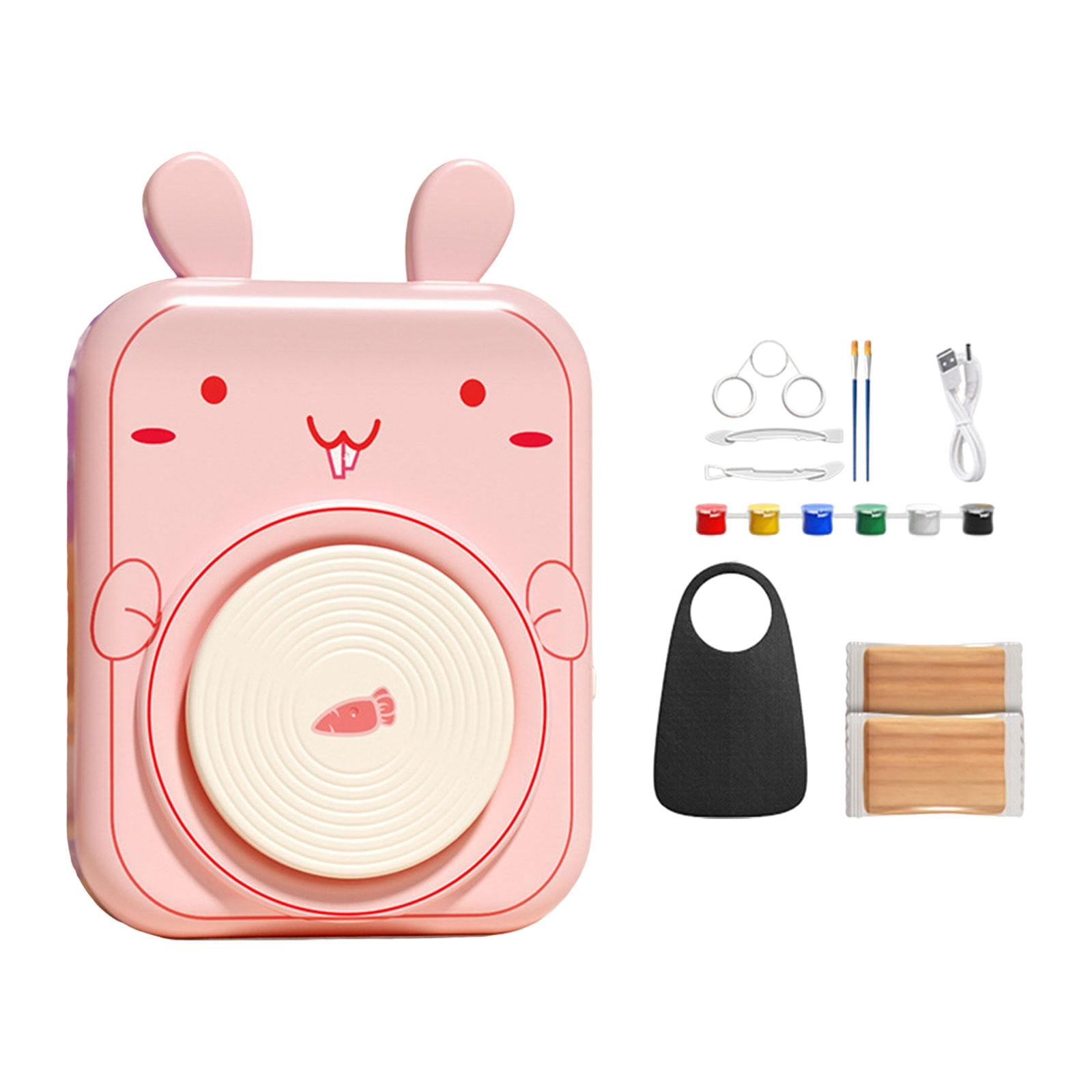 S SERENABLE Kids Pottery Wheel Modeling Painting Kit Handmade Creative Adjustable Speed Equipment Electric Sculpting Tools for Countertop Bunny Shaped