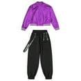 thumbnail image 3 of YONGHS Kids Girls Boys Shiny Hip Hop Jazz Street Dance Outfits Baseball Jacket and Cargo Pants Set Purple&Black 8, 3 of 7