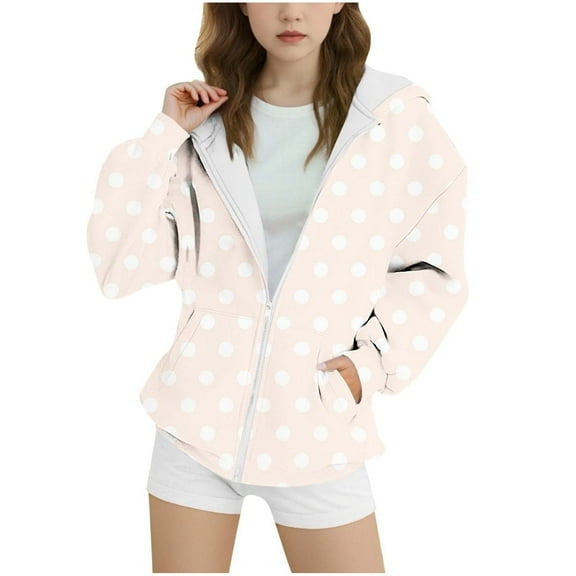 Taqqpue Girl Hoodie Casual Dot Printed Zip Up Jacket Tops School Outerwear Coat Loose Fit Plus Size Hooded Sweatshirt with Pockets for Kids 4-15Y