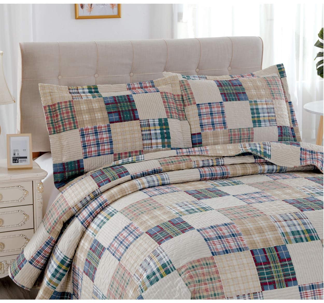 Jessy Home Beige Plaid Quilt Full/Queen Patchwork Bedding Microfiber Bedspread Coverlet