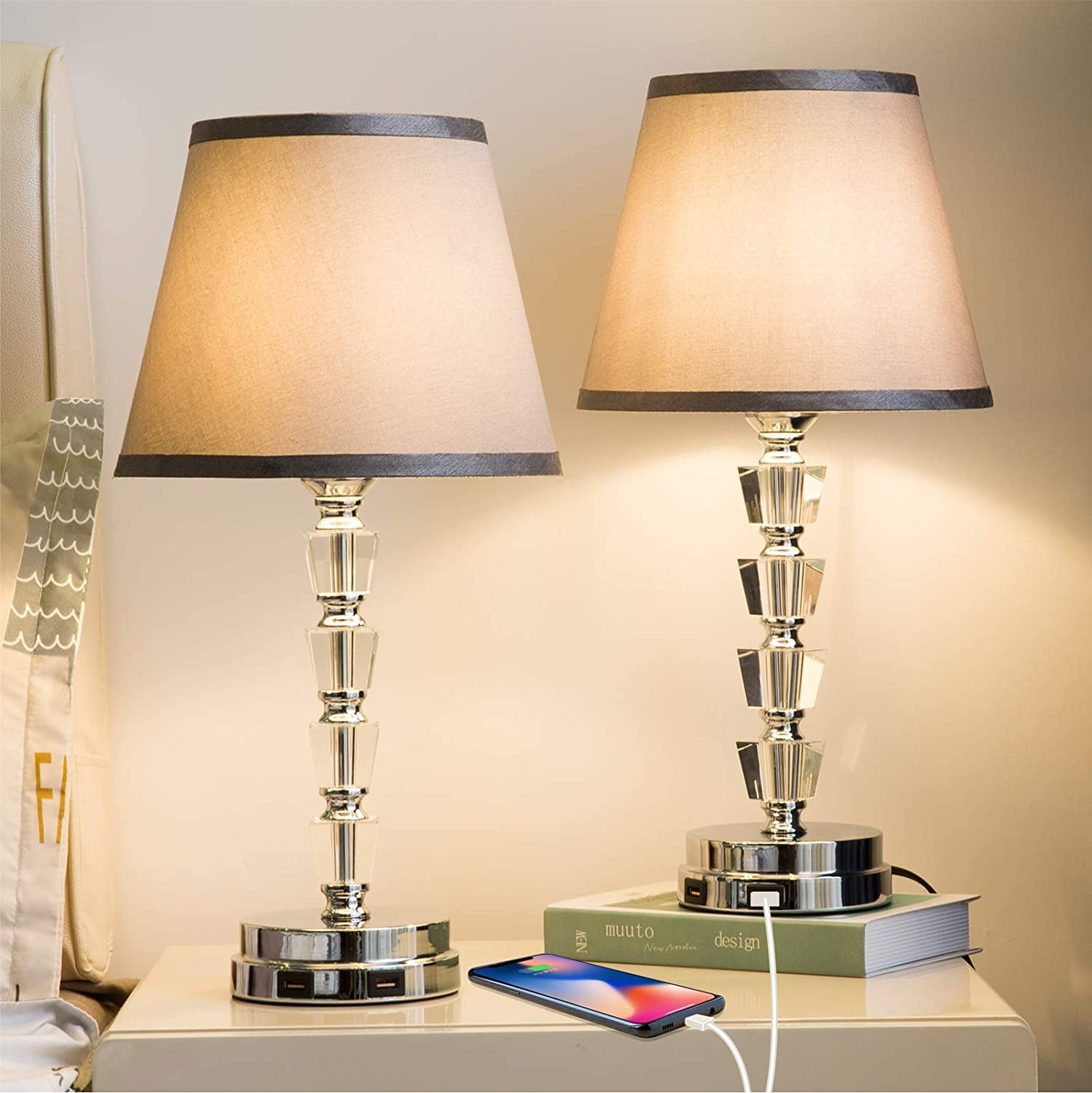 Lifeholder Bedside Lamp, Exquisite Crystal Lamp with Dual USB Ports