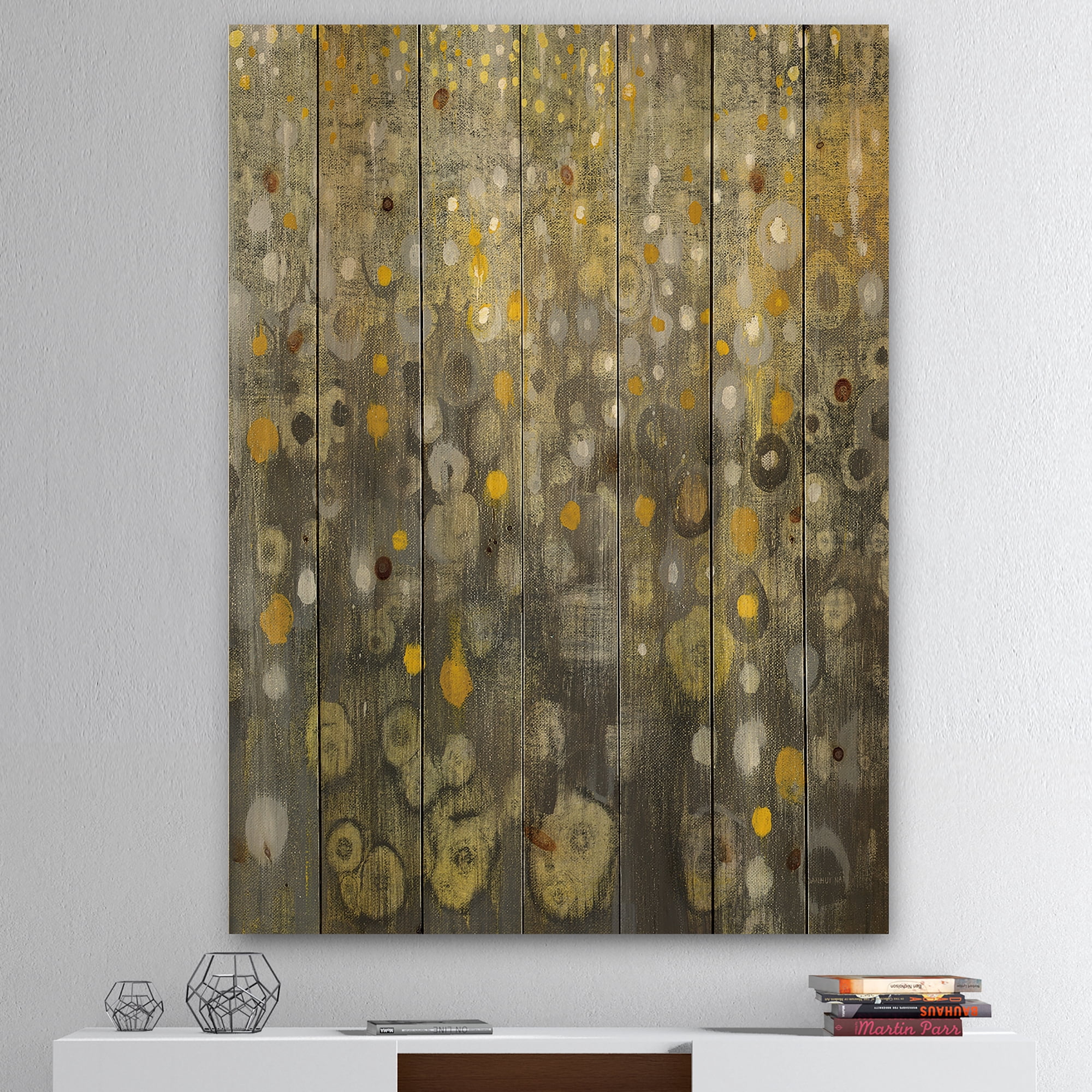 Designart 'Abstract Rain V' Modern Glam Print on Natural Pine Wood