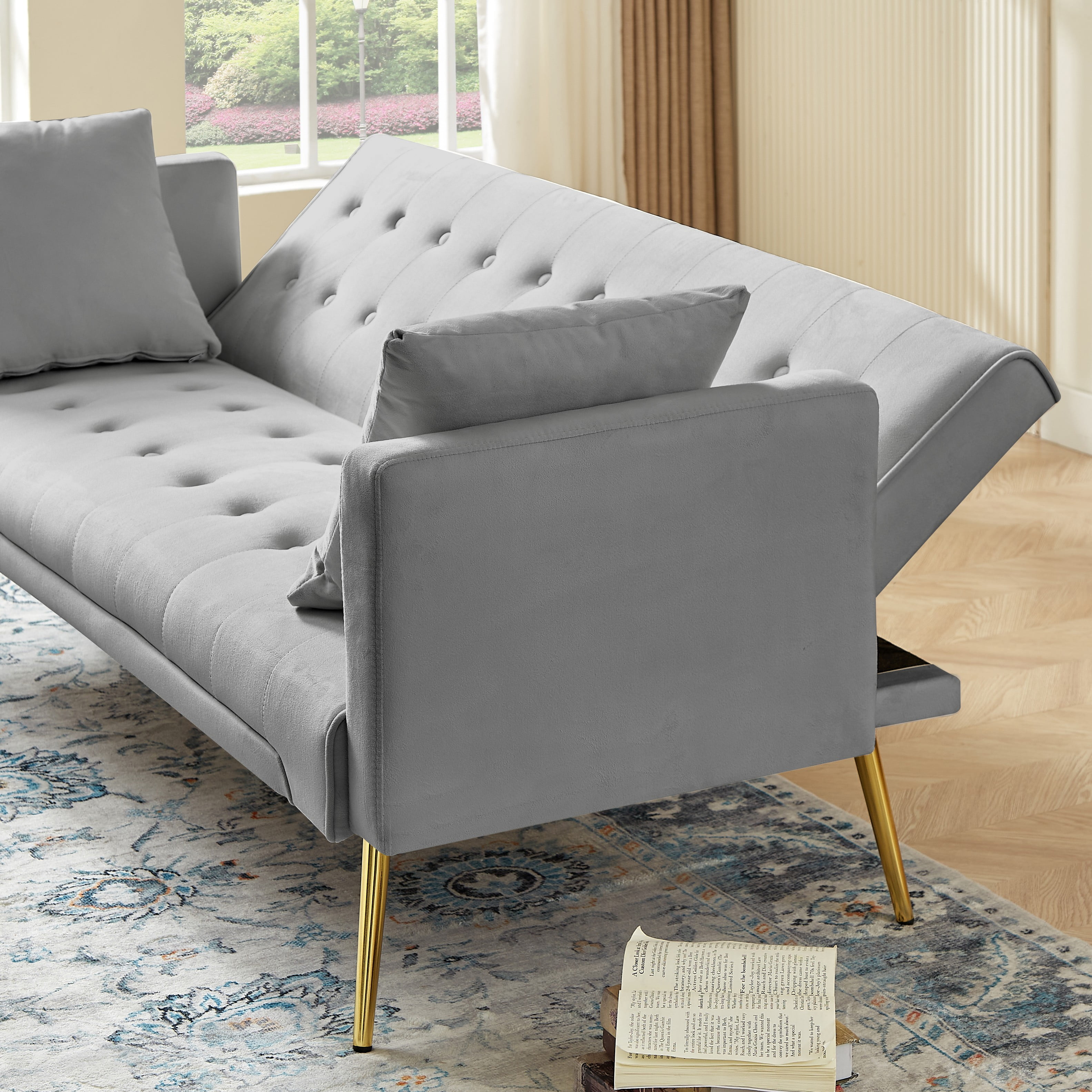 Bianlte Modern Velvet Futon Sofa Bed,Convertible Sleeper Sofa Couch with 3 Adjustable Couch Loveseat with Metal Leg for Living Room and Bedroom,Gray
