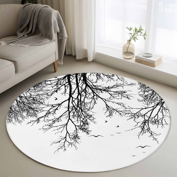 Tree Branches Bird Round Area Rugs 3 ft, Black Deadwood Vintage Abstract Washable Small Area Rug with Non-Slip Sturdy Edge Binding Round Front Door Mat Floor Carpet for Entryway