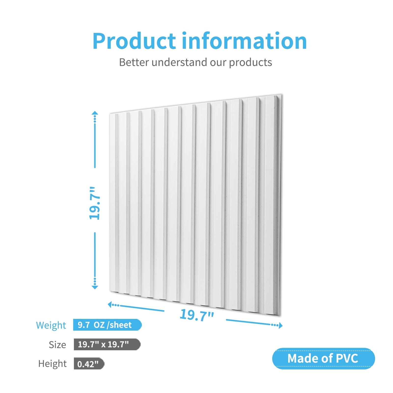 Art3d 3D Slat Wall Panels, White, 19.7x19.7in, PVC, 12 Pieces, Pack