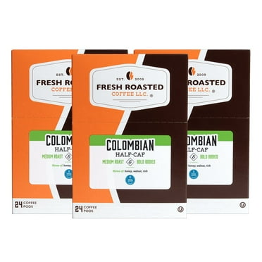 Fresh Roasted Coffee, Colombian Swiss Water Half Caf, Medium Roast, K-cup Compatible, 72 Count