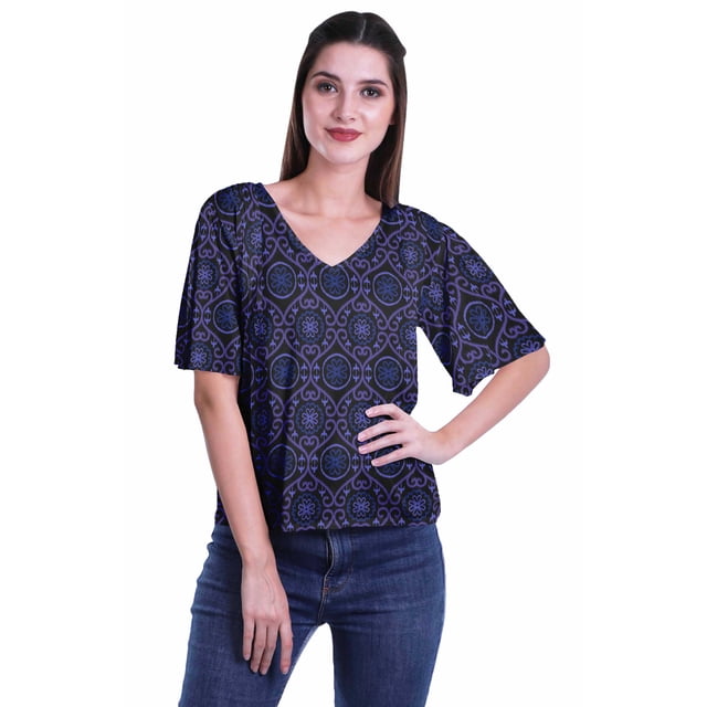 Moomaya Blouse d'Été Boho à Manches Courtes en Rayonne Imprimée pour Femmes