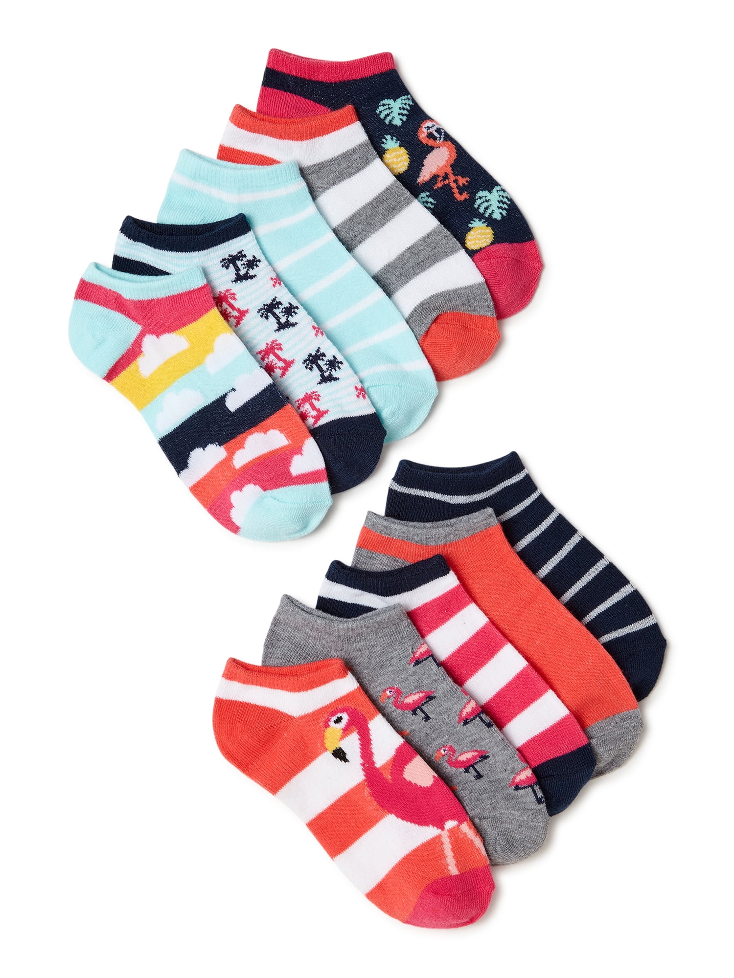 Wonder Nation Girls Flamingo No-Show Socks, 10-Pack, Sizes S-L