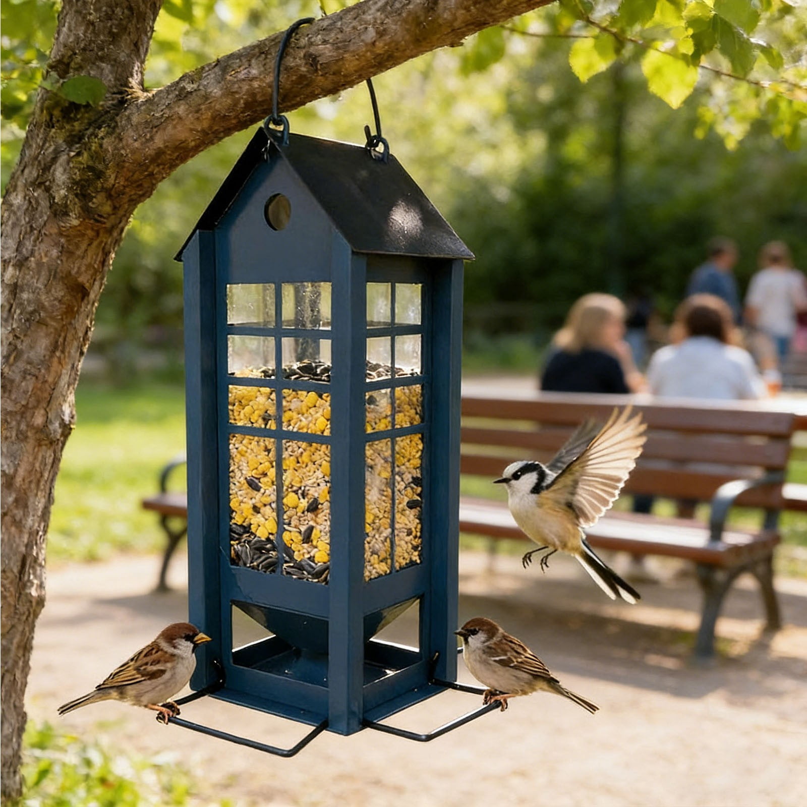 Iron Art Bird Feeder, Hanging Tray, Rust-Proof Mesh, Powder-Coated, 12.59x7.87x7.87in, for Garden/Courtyard Decor