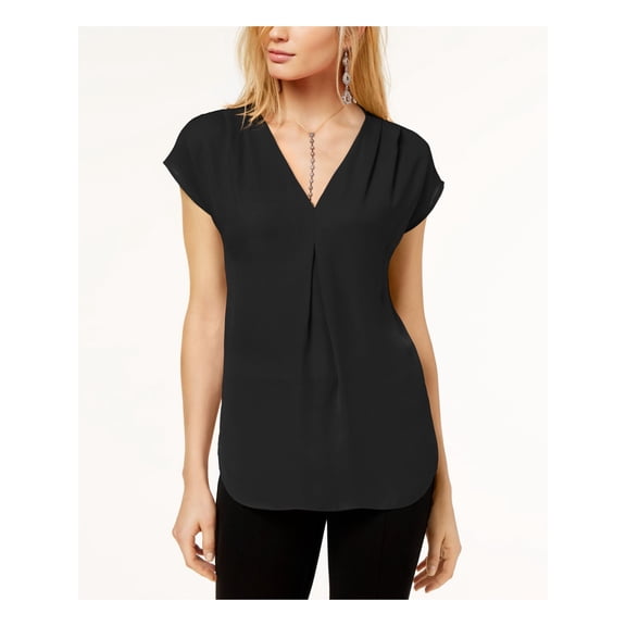 INC Womens Black Pleated Cap Sleeve V Neck Wear To Work Top Petites PS