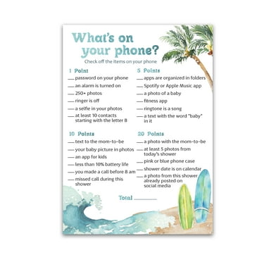 Beach Surf Theme — WHAT'S ON YOUR PHONE Baby Shower Game — Pack of 25 — Summer Ocean Surfing Baby Shower Games, Gender Neutral Baby on Board Shower Activity, Couples Shower Co-ed Shower Coed G940-PHN
