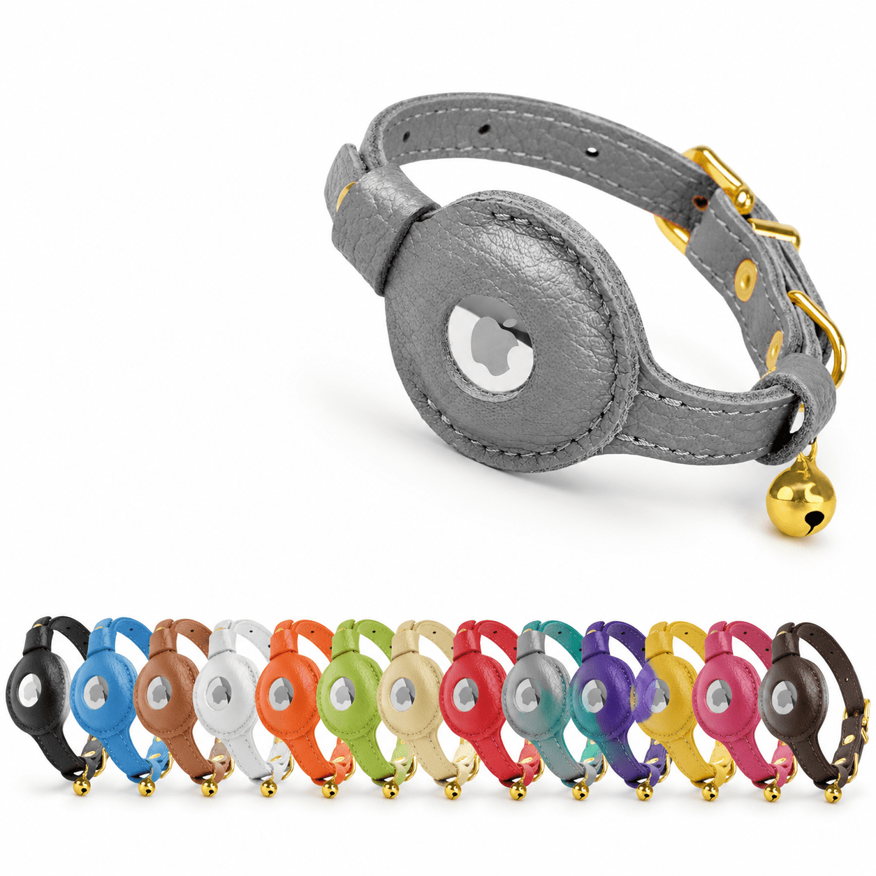 Gray Leather Airtag Cat Collar with Bell Non Breakaway GPS Pet Collar for Cats and Small Dogs