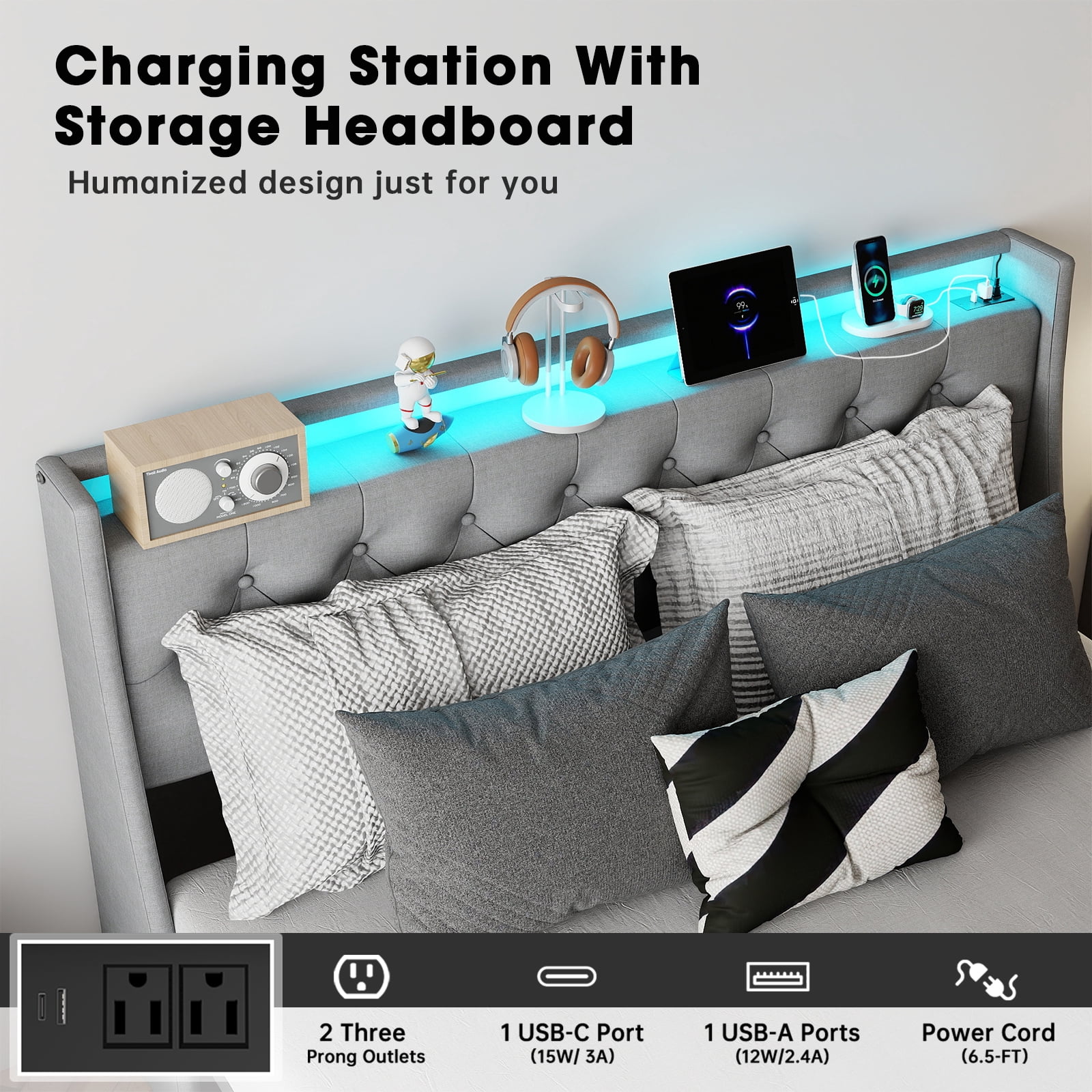 Mintazer Full Size Tufted Upholstered Storage Bed Frame with LED Light & Charging Station, Platform Bed Frame with 4 Drawers, No Box Spring Required, Grey