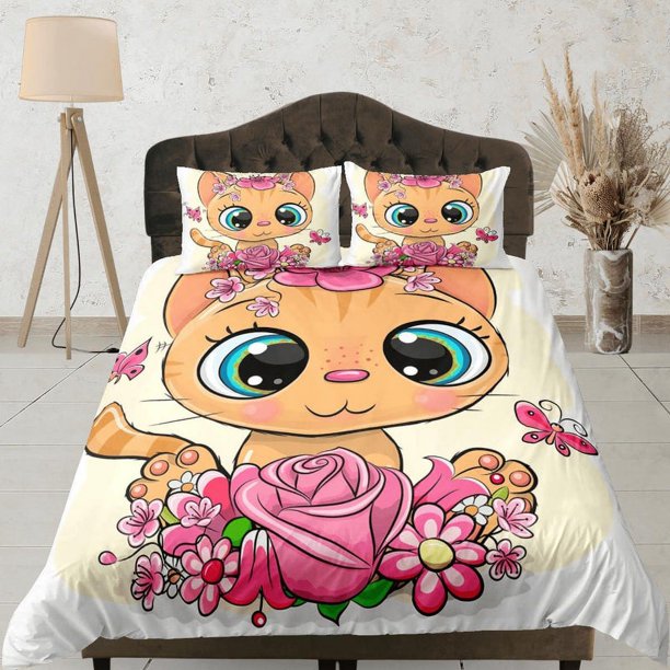 Ropa de Cama Floral Gato de Ojos Grandes, Ropa de Cama Infantil Femenina, Juego de Funda Nórdica Infantil,