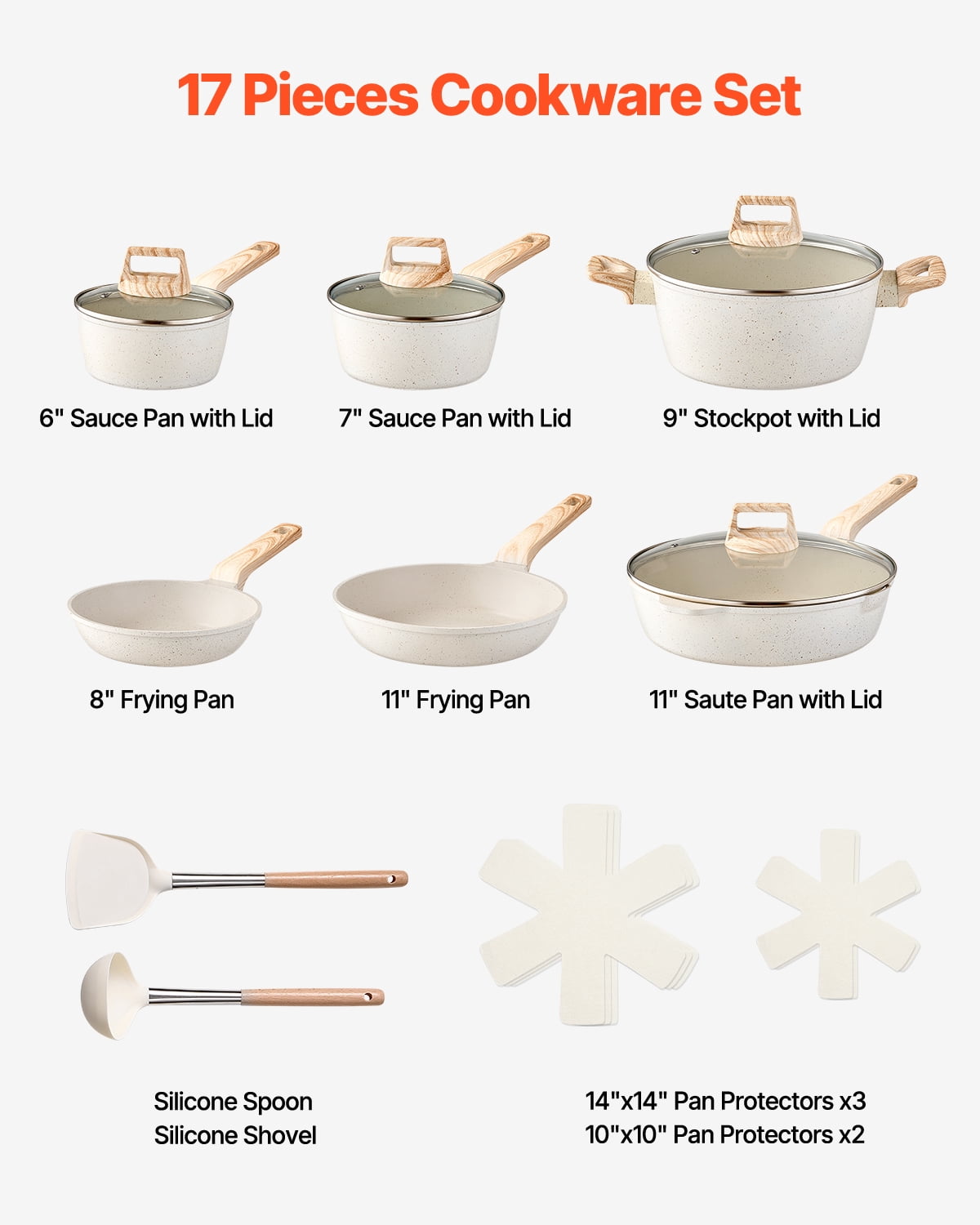 VEVOR 17 Piece Pots and Pans Set, Granite Nonstick Cookware Set, Induction Cookwares, Kitchen RV Cooking Sets with Frying, Sauce, Saute, Tempered Glass Lids, and Pan Protectors, White