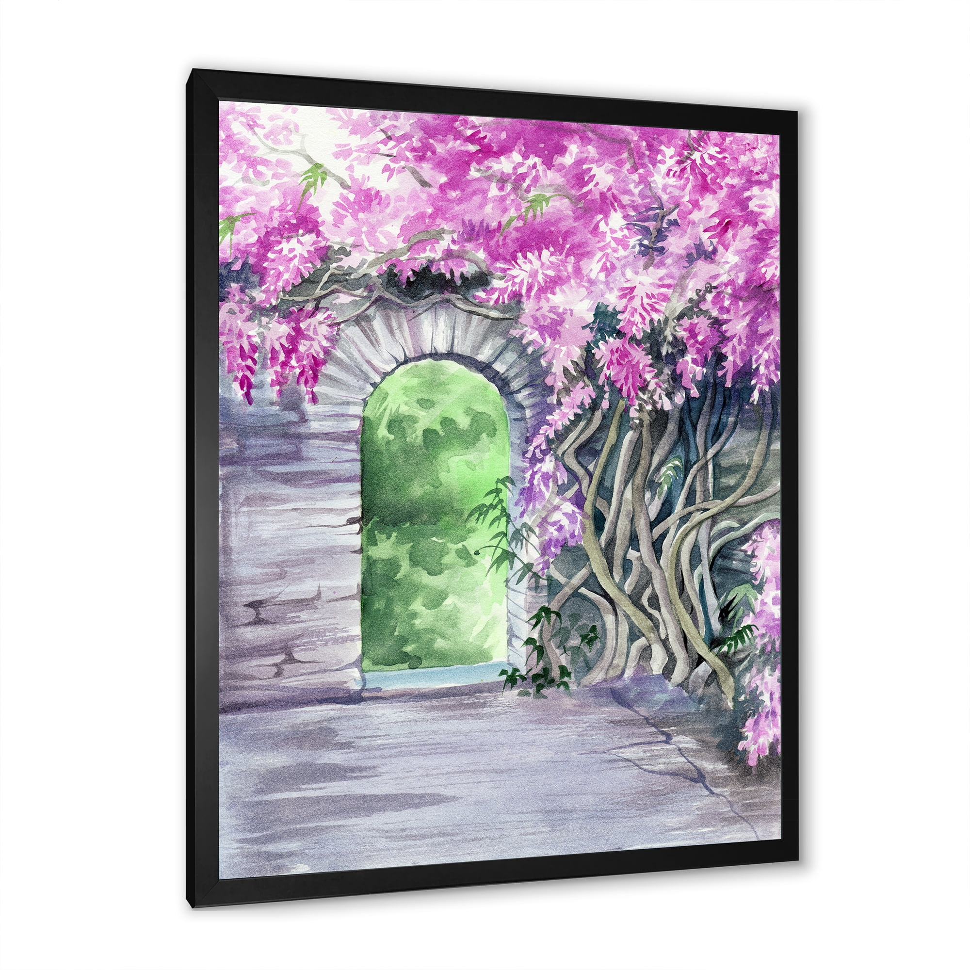 Designart 'Blossoming Purple Wisteria Garden Over The Wall' Traditional Framed Art Print