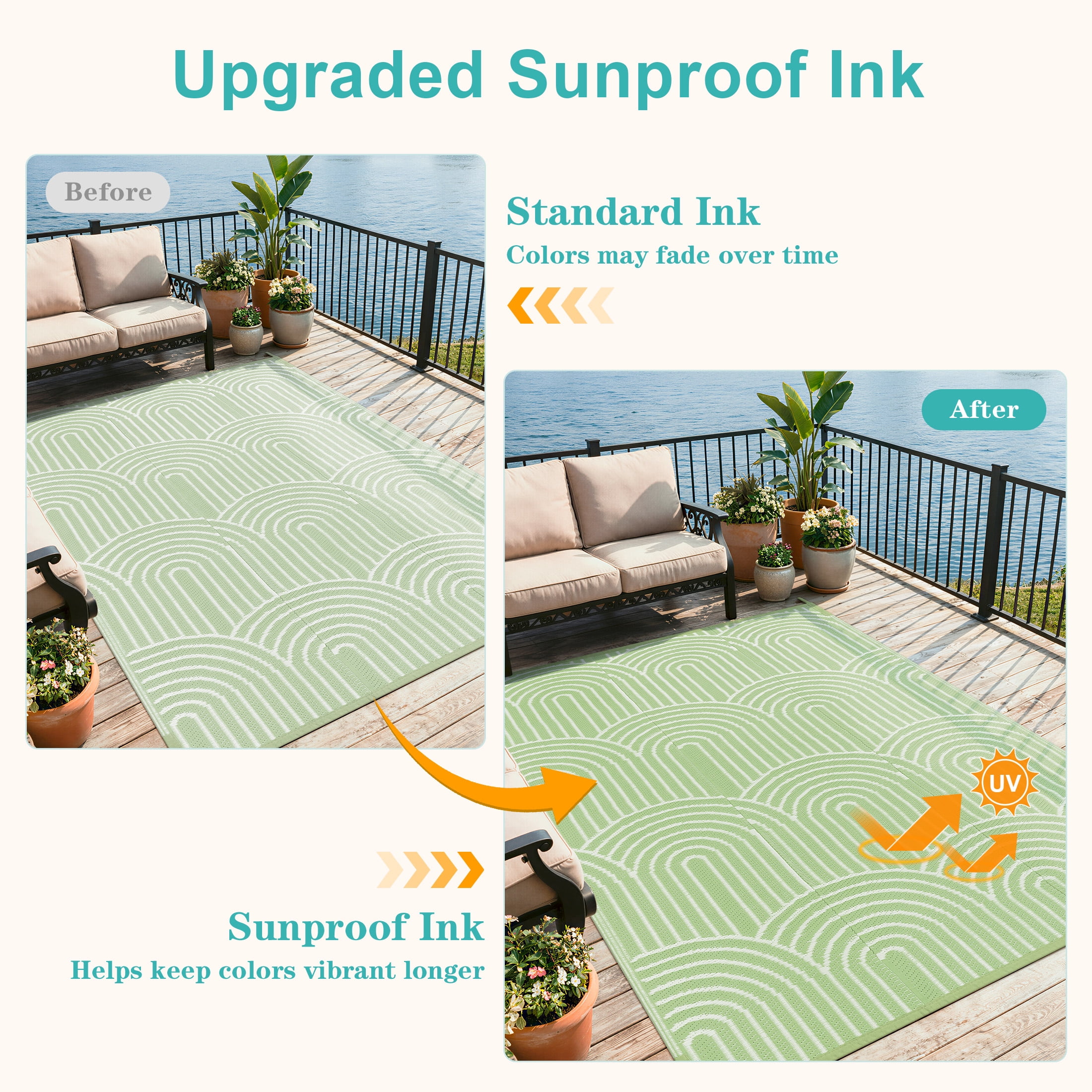 Wonnitar Outdoor Rug Waterproof 5'x8' Lightweight Plastic Straw Rug, Scandinavian Reversible Outside Carpet for RV Patio Deck Porch Balcony Picnic Camping Beach, Green-Rainbow