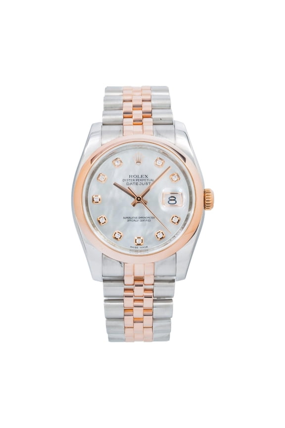 Pre-Owned Rolex Datejust 36MM 116201 Mother of Pearl Diamond Dial Smooth Bezel Two Tone Rose Gold Jubilee Bracelet