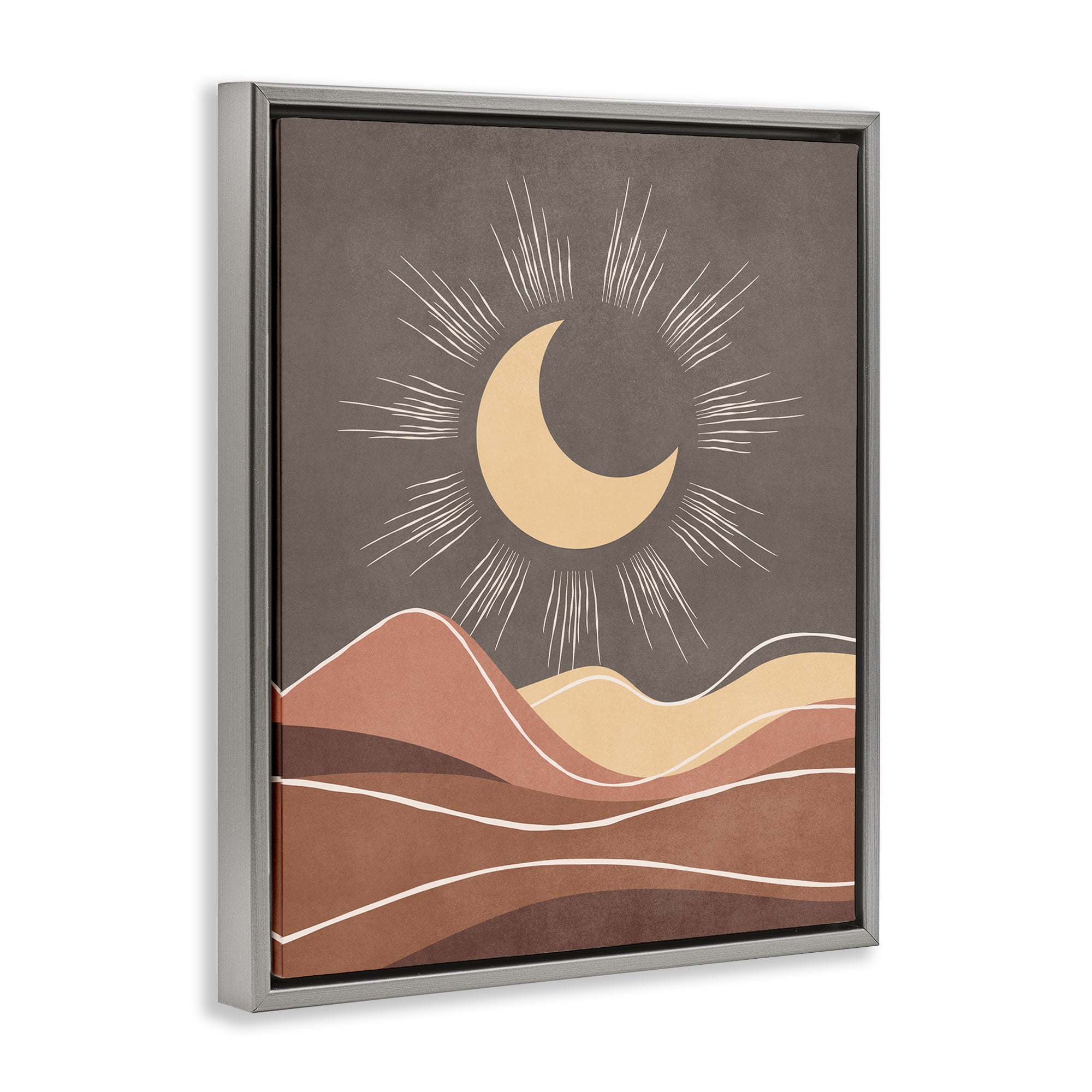 Stupell Industries Boho Moon over Desert Landscape & Nature Painting Gray Floater Framed Canvas Art Print Wall Art, 25 x 31