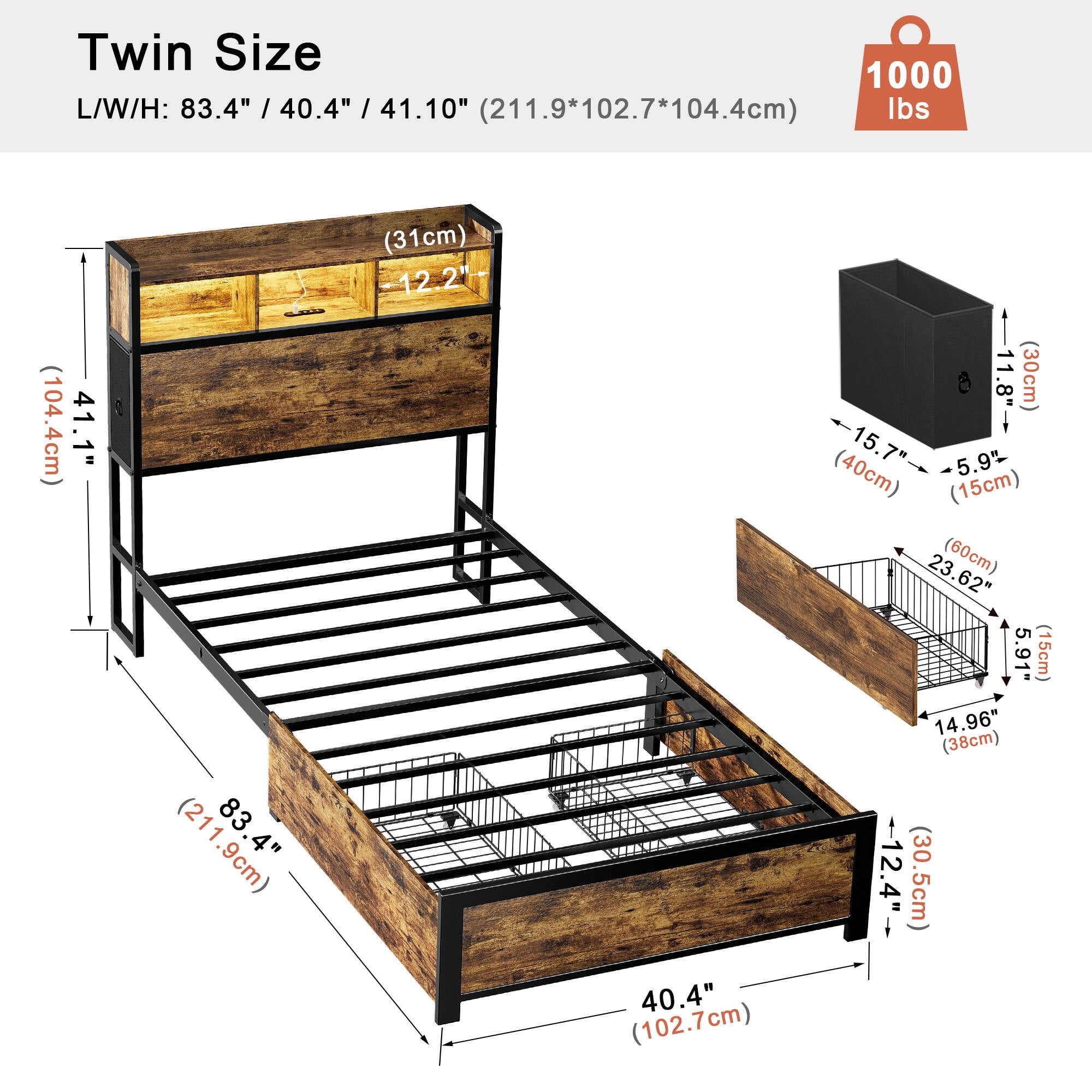 GUNAITO Twin Bed Frame with 2 Drawers Platform Bed Frame with with LED Lights&Charging Station Rustic Brown