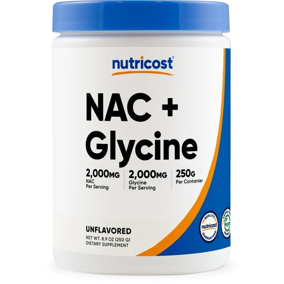 Nutricost NAC   Glycine Powder (250 Grams) Unflavored - 2,000mg NAC   2,000mg Glycine per Serving, Vegan, GMO-Free, Gluten-Free, 62 Servings