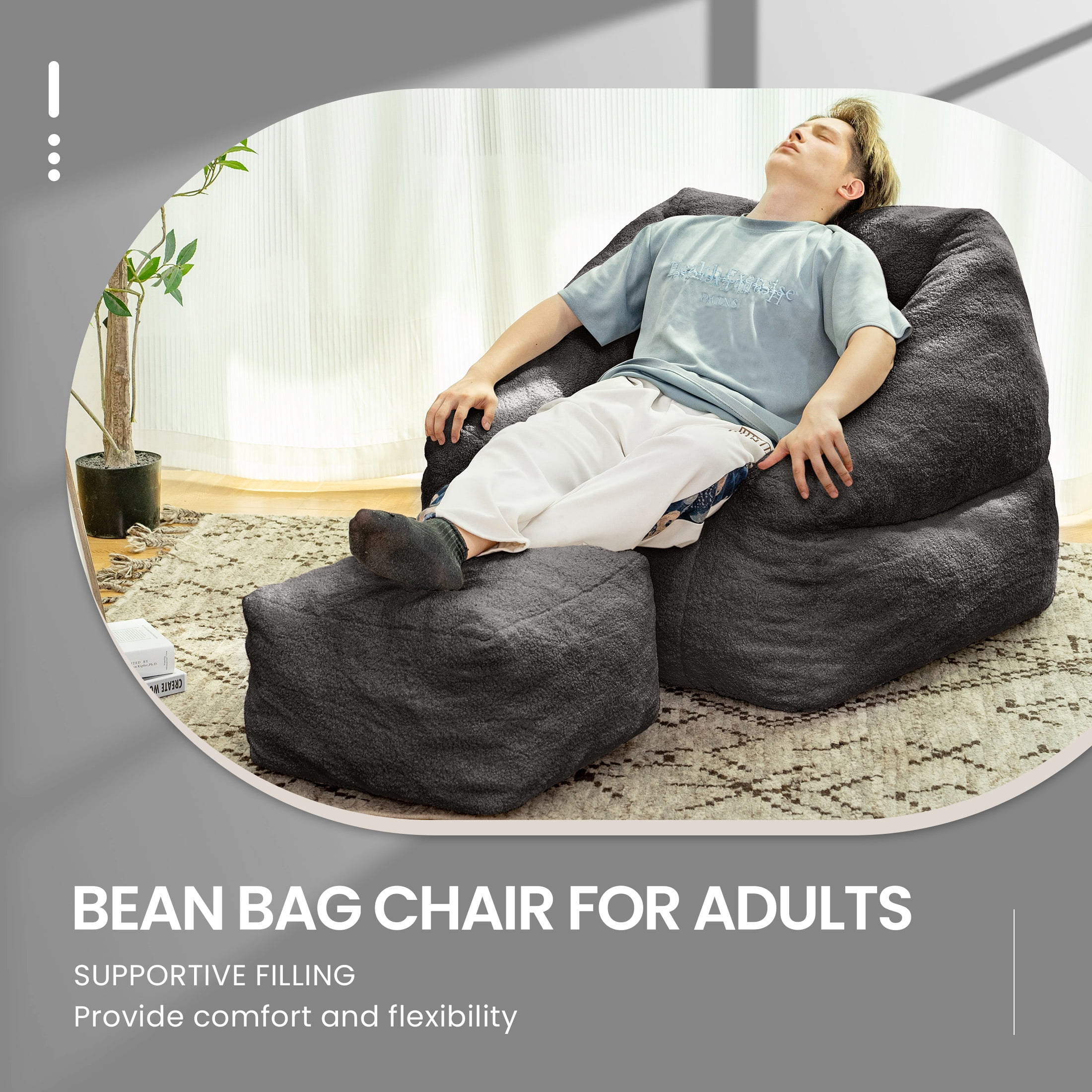Aukfa Bean Bag Chair with Ottoman, Soft Fluffy Teddy Upholstered Pouf with Foot Rest for Living Room, Black