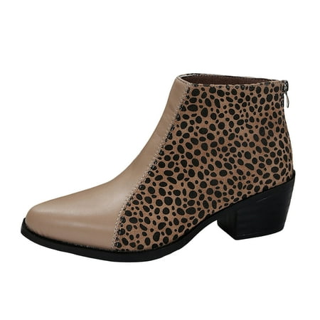 

Ladies British Style Leopard Print Patchwork Pointed Back Zipper Low Block Heel Short Ankle Boots