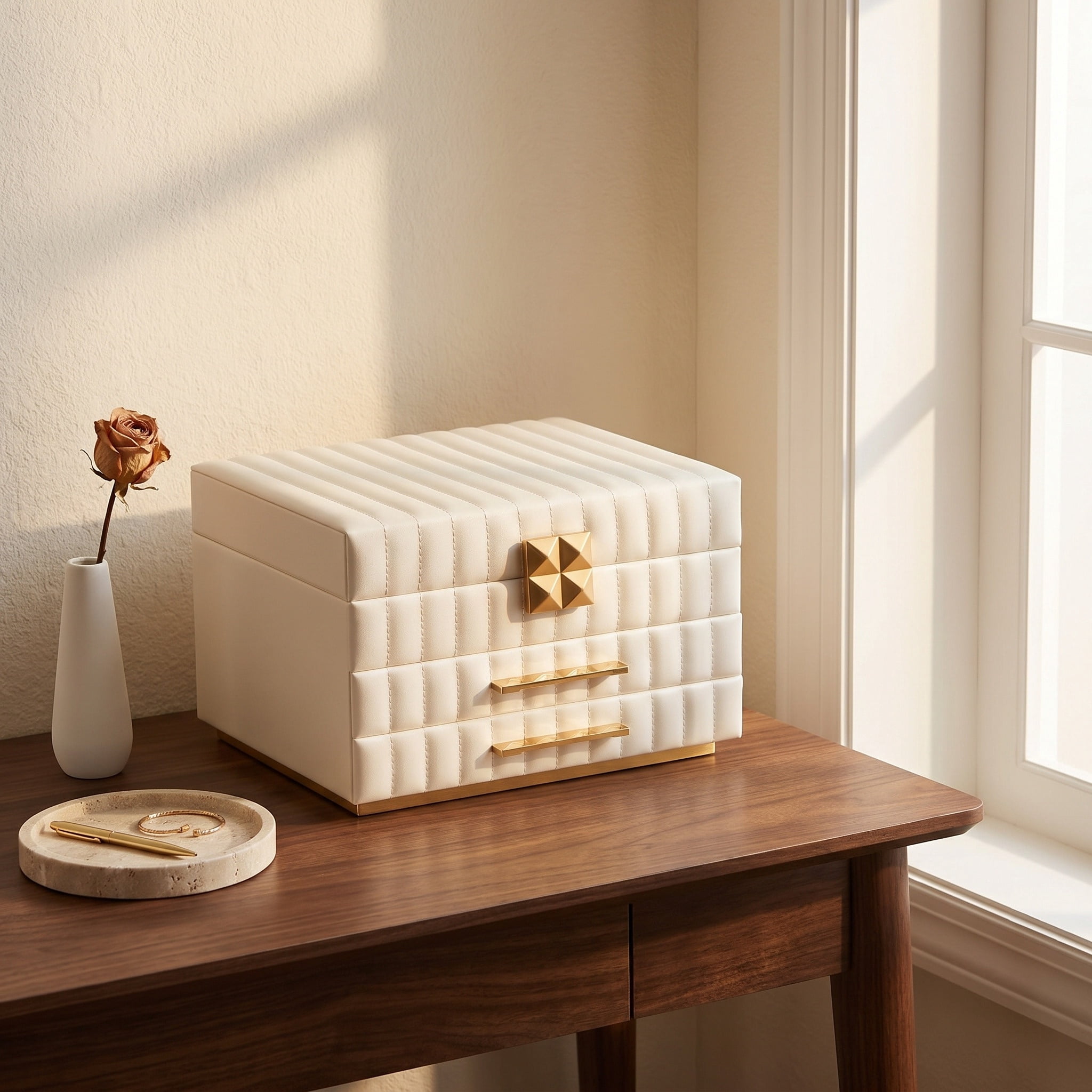 Nordic Hygge 3-Tier Jewelry Box with Mirror, Faux Leather Jewelry Organizer with 2 Drawers and Floating Effect Design, 8.5 x 9.4 x 6.2 Inches, Cloud White