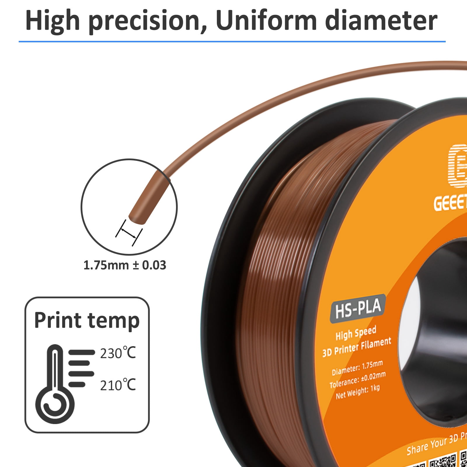 Geeetech 1.75mm PLA 3D Printer Filament, 10kg Spool (22lbs), Dimensional Accuracy +/- 0.03mm,Brown
