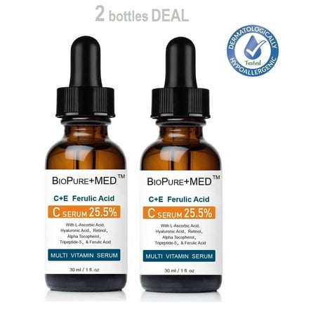 BioPureMED 25.5% Vitamin CE+Ferulic Acid Serum for Face: Brightening Anti Wrinkle Serum with Tripeptide-5, Retinol, Hyaluronic Acid tns Best Korean Organic Vitamin C Serum X 2 Bottles (2