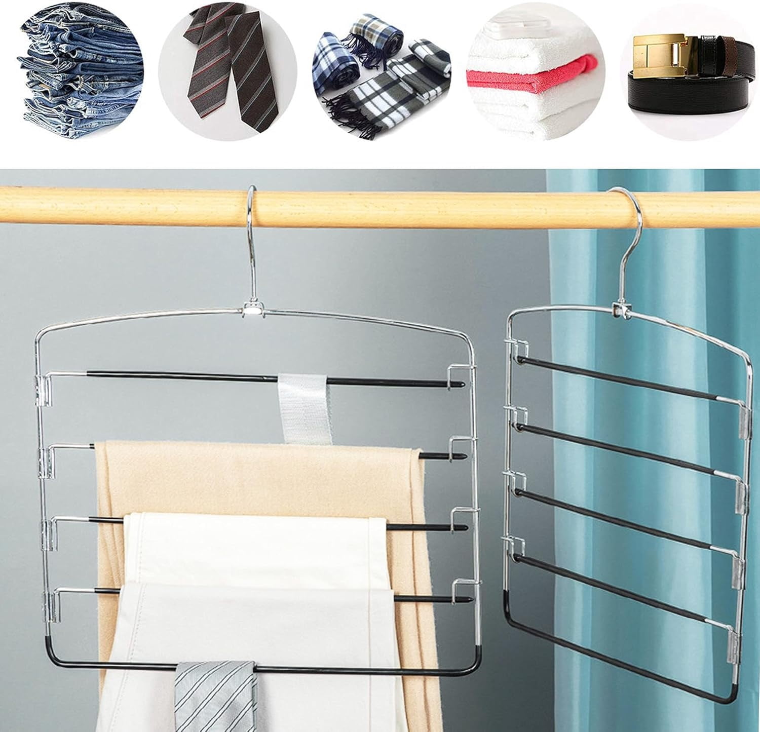 Manss Black Pants Hangers Non Slip 6 Pack Space Saving Hangers Multi-Layer Swing Arm Pants Hanger Stainless Steel Space Saver Hanger for Jeans Scarf Trouser Towel Clothes