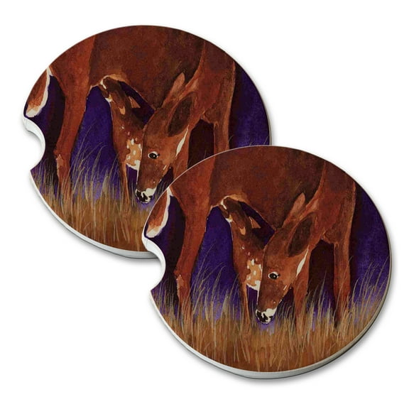 KuzmarK Sandstone Car Drink Coaster (set of 2) - Whitetail Deer Doe and Fawn at Dusk Wildlife Art by Denise Every